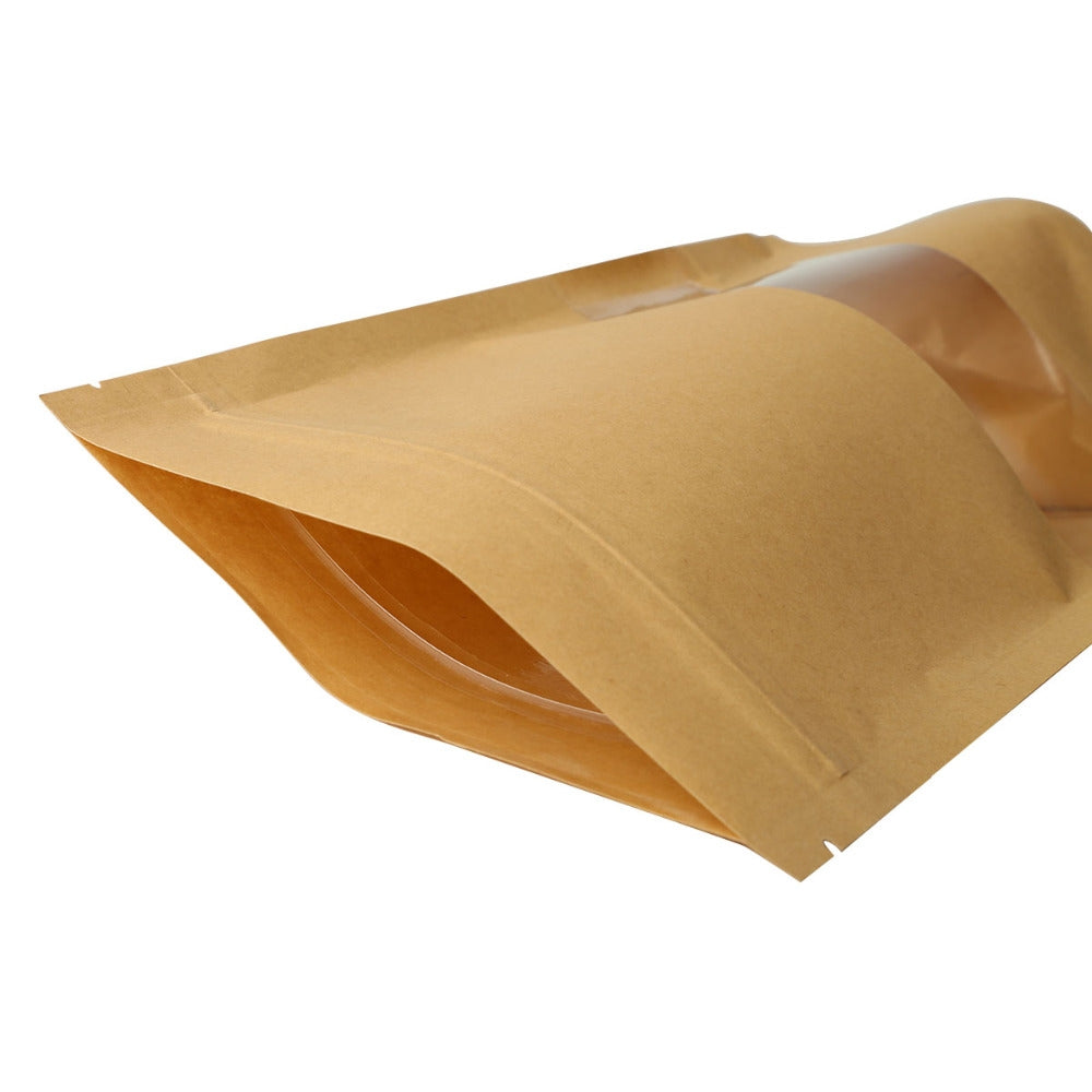 ELECTROPRIME 50 PCS Zipper Self Sealing Kraft Paper Bag with Window Stand Up for Gifts/Food/Candy/Tea/Party/Wedding Gifts, Bag Size:10x15+3cm(Frost)