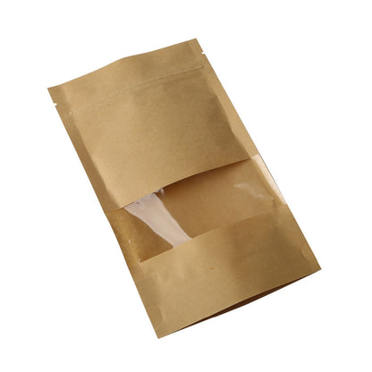 ELECTROPRIME 50 PCS Zipper Self Sealing Kraft Paper Bag with Window Stand Up for Gifts/Food/Candy/Tea/Party/Wedding Gifts, Bag Size:14x20+4cm(Frost)