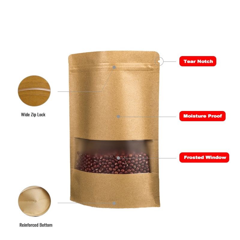 ELECTROPRIME 50 PCS Zipper Self Sealing Kraft Paper Bag with Window Stand Up for Gifts/Food/Candy/Tea/Party/Wedding Gifts, Bag Size:14x20+4cm(Frost)