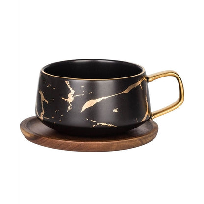ELECTROPRIME Marble Matte Gold Series Ceramic Tea Cup Coffee Mug With Wooden Lid Or Tray(Black with Tray)
