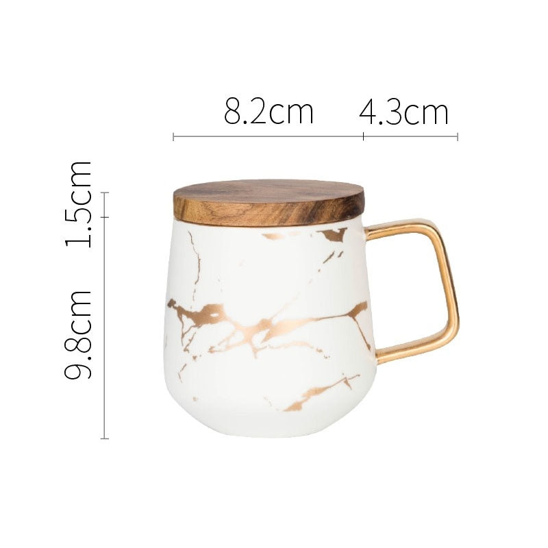 ELECTROPRIME Marble Matte Gold Series Ceramic Tea Cup Coffee Mug With Wooden Lid Or Tray(White with Lid)