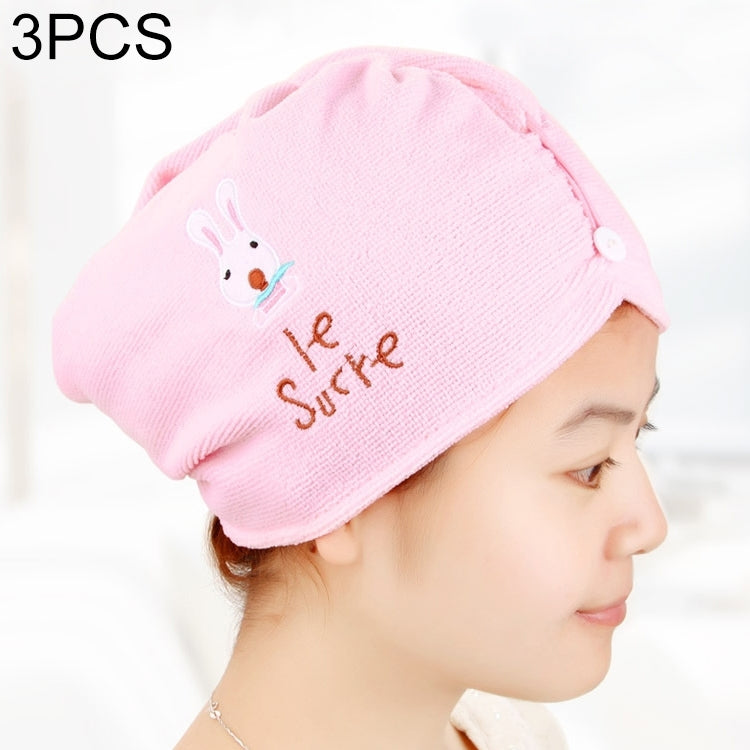 ELECTROPRIME 3 PCS Cute Cartoon Rabbit Thick Microfiber Absorbent Dry Hair Cap(Pink)