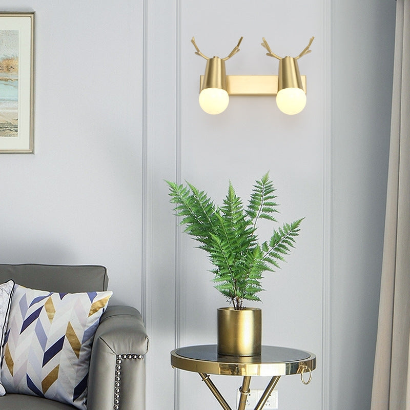 ELECTROPRIME double head  Copper Antler Wall Lamp Mirror Headlight Living Room Stairs Light Creative Bedroom Bedside Lamp(white light 5W)