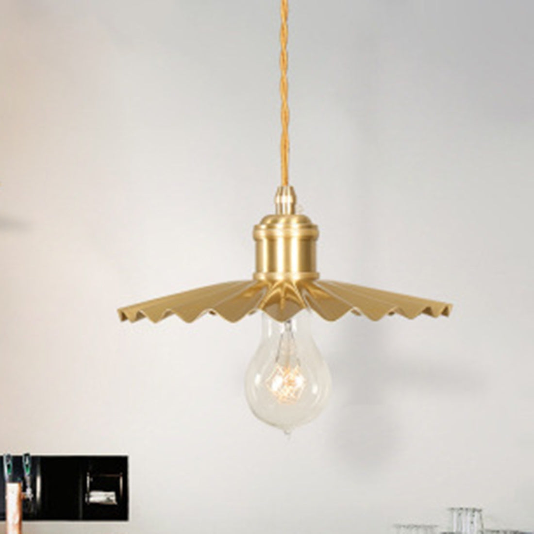 ELECTROPRIME Pure Copper Single Head  Vintage Nostalgic Brass Pleated Chandelier with 5W Three-Color Light LED