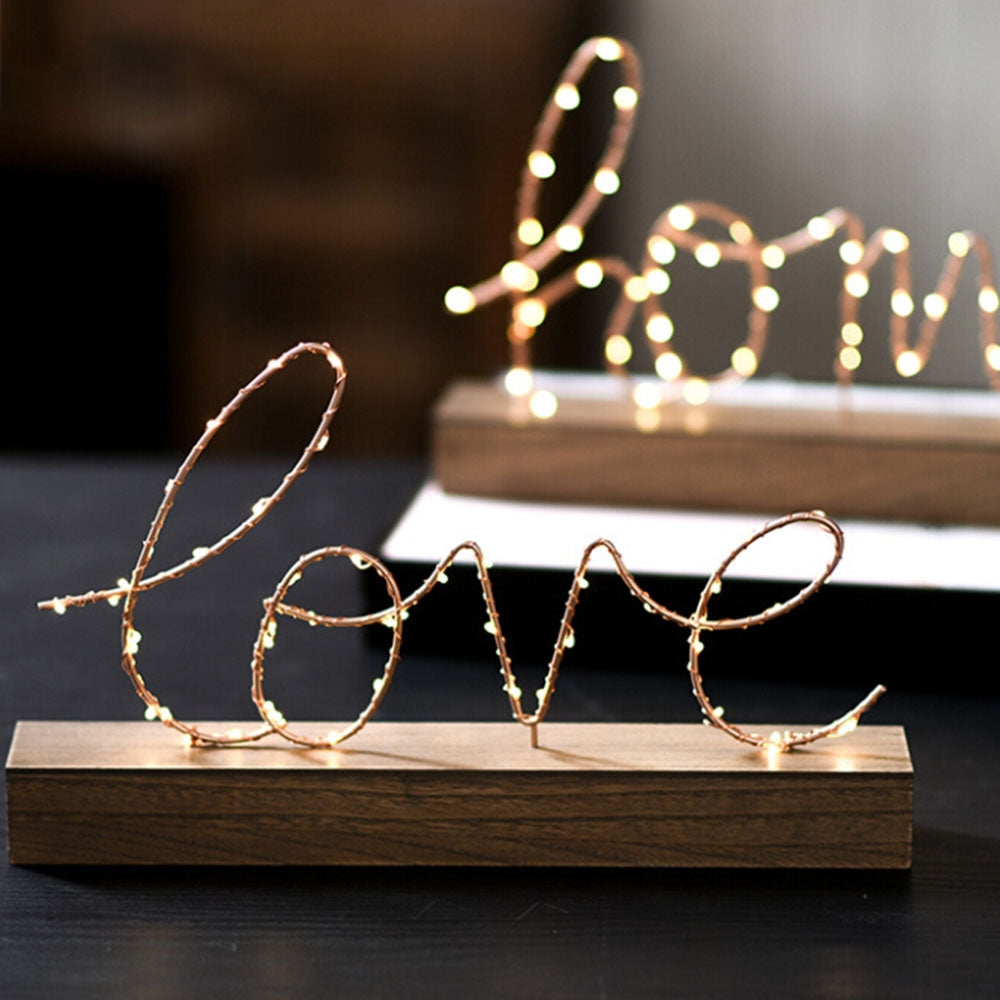 ELECTROPRIME LED Little Night Light Bedroom Bedside Wrought Iron Wooden Home Decoration Birthday Gift(Letter Love)
