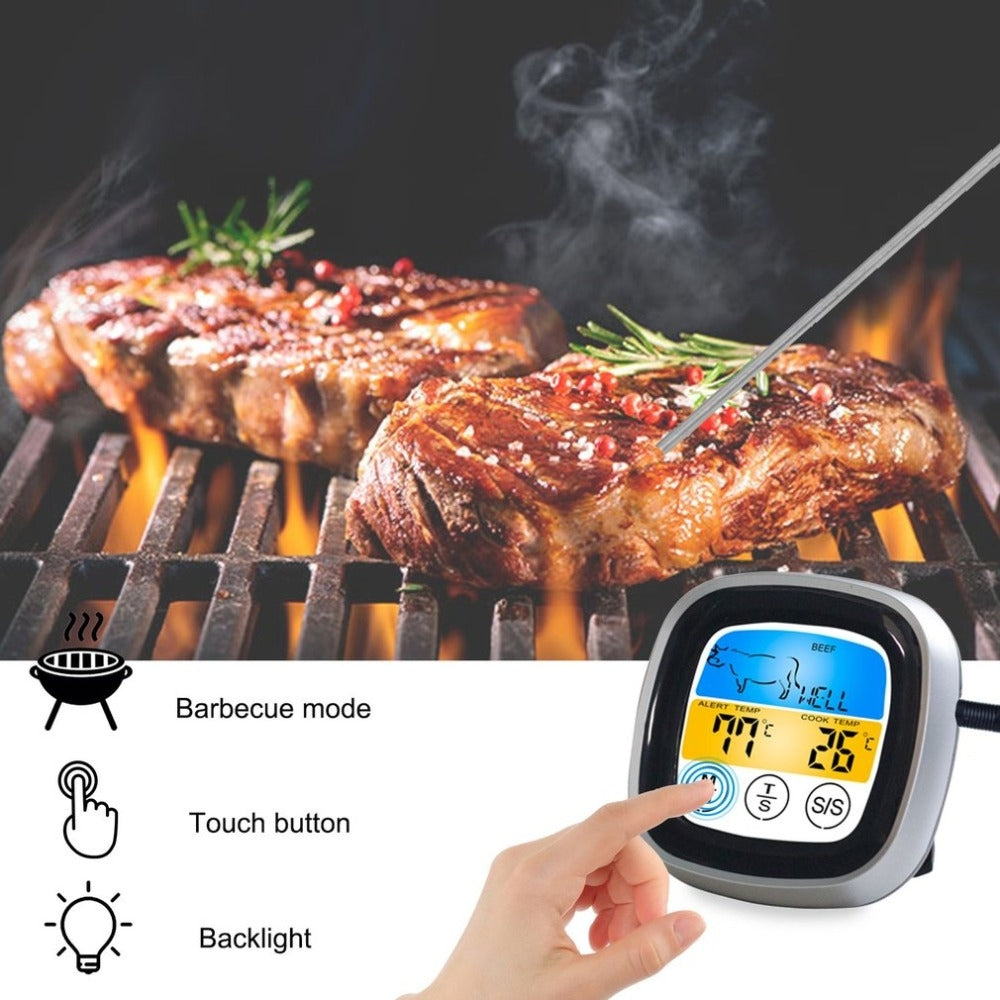 ELECTROPRIME Kitchen Food Digital Display Touch Field Barbecue Thermometer Black with Silver Frame
