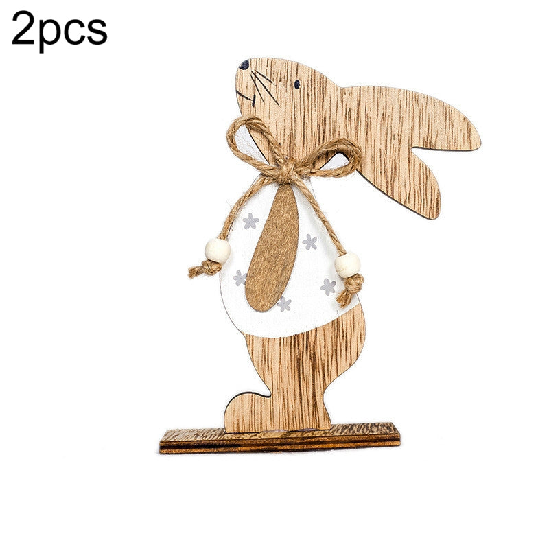 ELECTROPRIME 2 PCS Creative Easter Home Wooden Rabbit Decorative Ornaments(White Fower)
