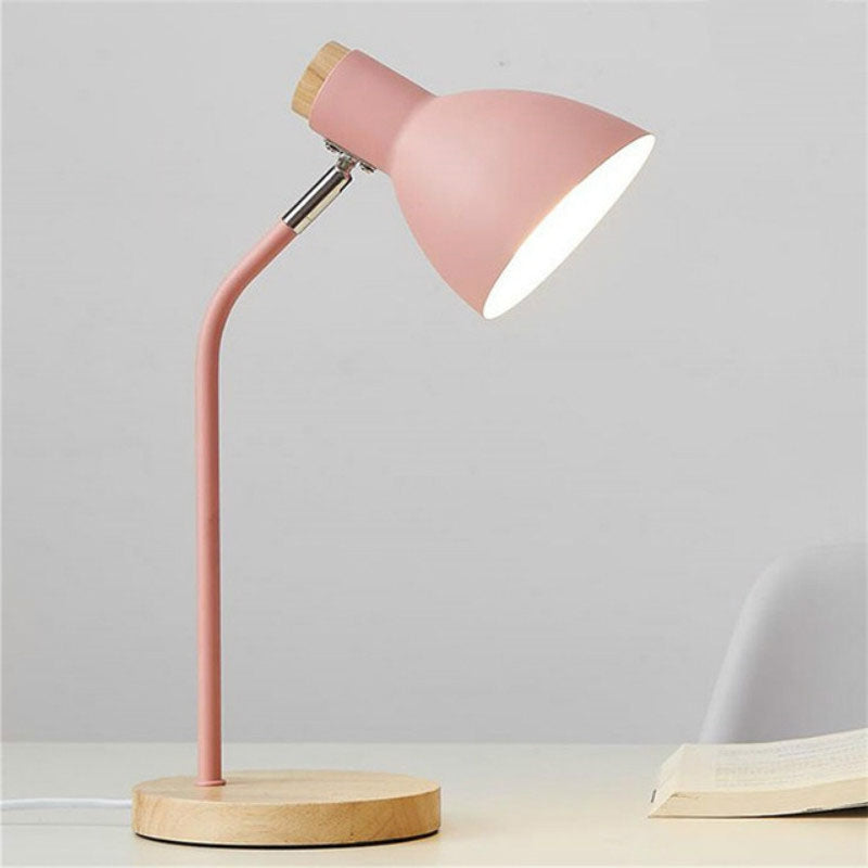 ELECTROPRIME E27 Button Switch Wood Table Lamp Metal Shade Desk Light Bedside Reading Book Light Home Decor, Light Source:Normal Bulb(Pink)