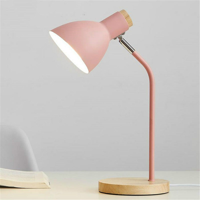 ELECTROPRIME E27 Button Switch Wood Table Lamp Metal Shade Desk Light Bedside Reading Book Light Home Decor, Light Source:Normal Bulb(Pink)