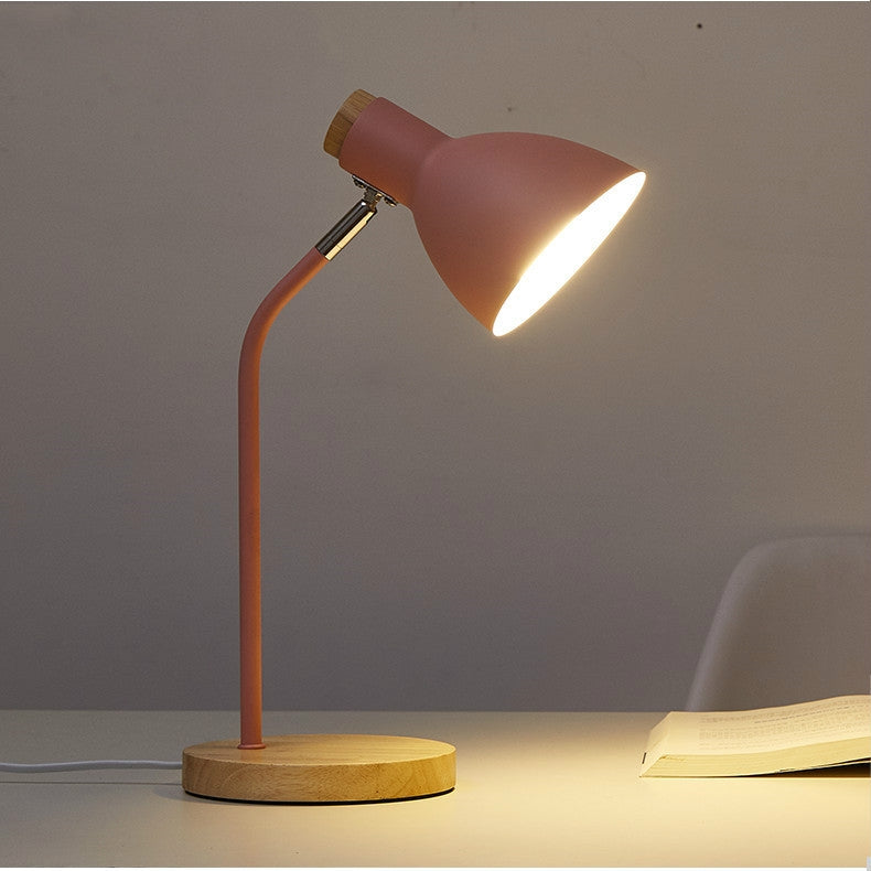 ELECTROPRIME E27 Button Switch Wood Table Lamp Metal Shade Desk Light Bedside Reading Book Light Home Decor, Light Source:Normal Bulb(Pink)