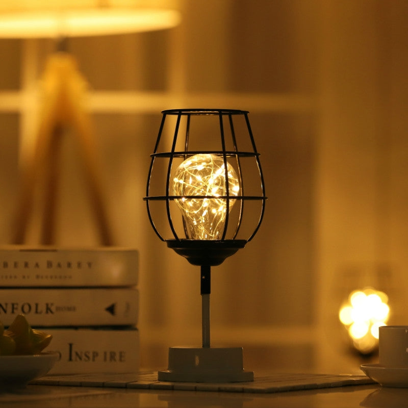 ELECTROPRIME Retro Classic Iron Art LED Table Lamp Reading Lamp Night Light Bedroom Lamp Desk Lighting Home Decoration, Lampshade Style:Red Wine Glass