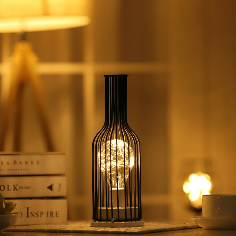 ELECTROPRIME Retro Classic Iron Art LED Table Lamp Reading Lamp Night Light Bedroom Lamp Desk Lighting Home Decoration, Lampshade Style:Red Wine Bottle