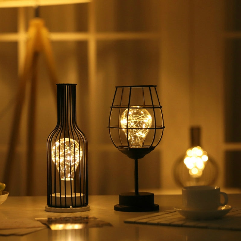 ELECTROPRIME Retro Classic Iron Art LED Table Lamp Reading Lamp Night Light Bedroom Lamp Desk Lighting Home Decoration, Lampshade Style:Red ?ine Glass + Red ?ine Bottle