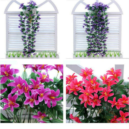 ELECTROPRIME Artificial Flower Wall Hanging Lily Flower Vine Basket Flower Party Decorations(Rose Red)