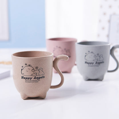 ELECTROPRIME Wheat Straw Animal Cartoon Cat Tail Children's Cup Cute Wind Creative Coffee Cup Milk Four-legged Cup(Khaki)