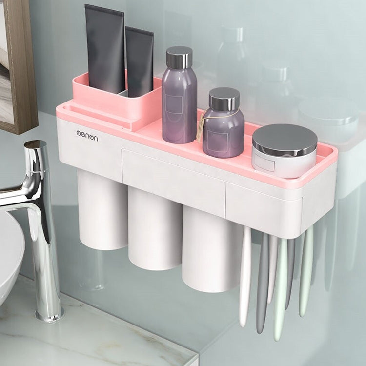 ELECTROPRIME Free Punching Toothbrush Holder Set Bathroom Shelf, Style:3 Cups(Pink)