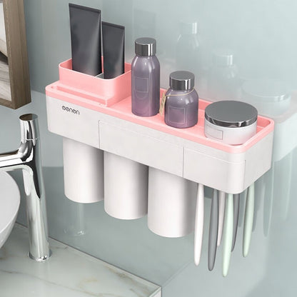 ELECTROPRIME Free Punching Toothbrush Holder Set Bathroom Shelf, Style:3 Cups(Pink)