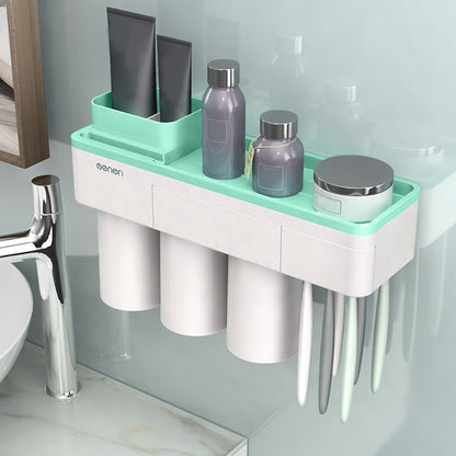 ELECTROPRIME Free Punching Toothbrush Holder Set Bathroom Shelf, Style:3 Cups(Green)