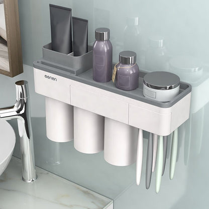 ELECTROPRIME Free Punching Toothbrush Holder Set Bathroom Shelf, Style:3 Cups(Gray)