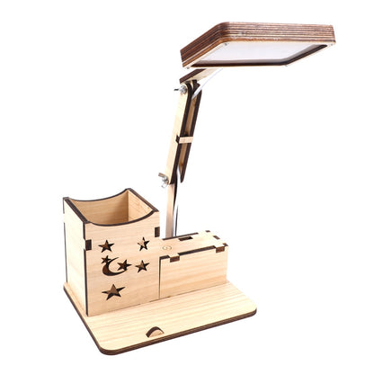 ELECTROPRIME Wooden Multi-function Touch USB Pen Holder Desk Lamp Student Desktop Charging Reading Lamp Led Eye Protection Table Lamp, Style:USB Charging Built-in Battery(Maple White)