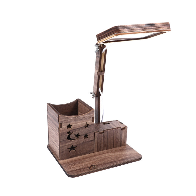 ELECTROPRIME Wooden Multi-function Touch USB Pen Holder Desk Lamp Student Desktop Charging Reading Lamp Led Eye Protection Table Lamp, Style:USB Charging Built-in Battery(Black)