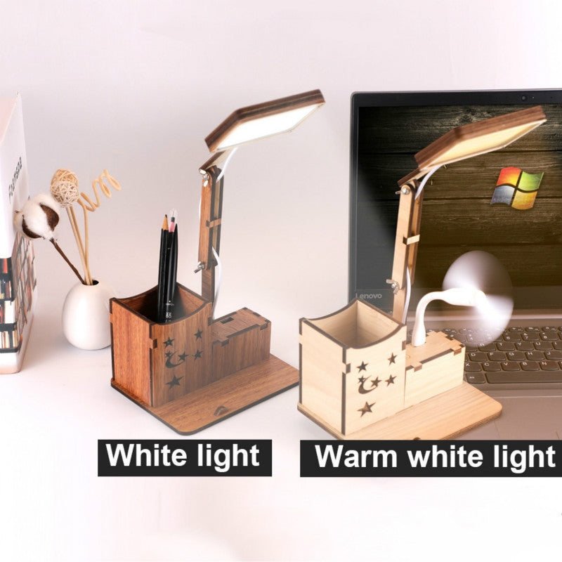 ELECTROPRIME Wooden Multi-function Touch USB Pen Holder Desk Lamp Student Desktop Charging Reading Lamp Led Eye Protection Table Lamp, Style:USB Charging Built-in Battery(Black)