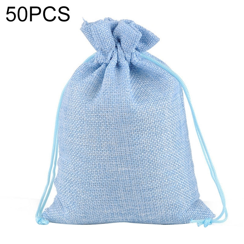 ELECTROPRIME 50 PCS Multi size Linen Jute Drawstring Gift Bags Sacks Wedding Birthday Party Favors Drawstring Gift Bags, Size:13x18cm(Light Blue)