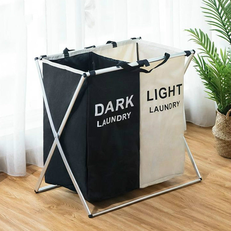 ELECTROPRIME 2 Grids Black and Beige Fabric Folding Hamper Waterproof Padded Oxford Compartment Laundry Basket Hamper