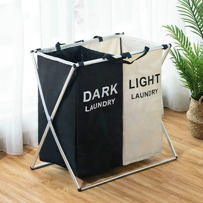 ELECTROPRIME 2 Grids Black and Beige Fabric Folding Hamper Waterproof Padded Oxford Compartment Laundry Basket Hamper