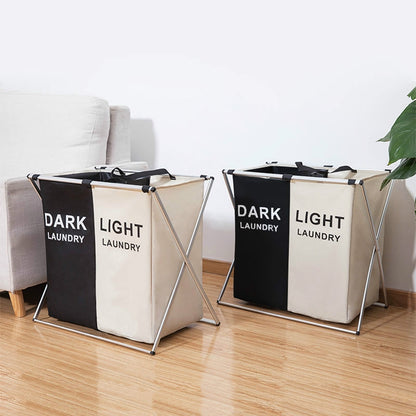 ELECTROPRIME 2 Grids Black and Beige Fabric Folding Hamper Waterproof Padded Oxford Compartment Laundry Basket Hamper