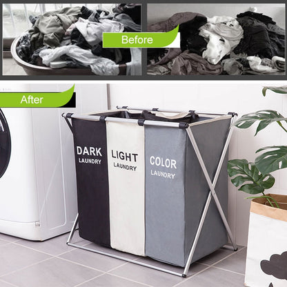 ELECTROPRIME 2 Grids Black and Beige Fabric Folding Hamper Waterproof Padded Oxford Compartment Laundry Basket Hamper