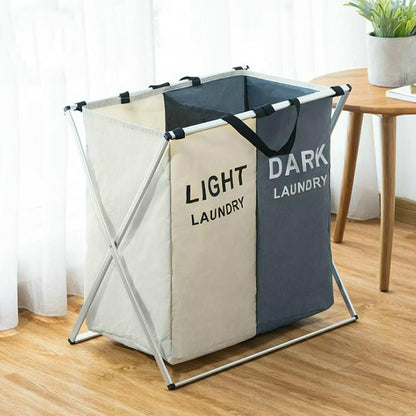ELECTROPRIME 2 Grids Blue and Beige Fabric Folding Hamper Waterproof Padded Oxford Compartment Laundry Basket Hamper