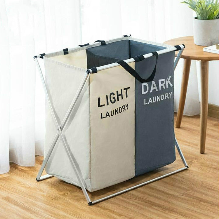 ELECTROPRIME 2 Grids Blue and Beige Fabric Folding Hamper Waterproof Padded Oxford Compartment Laundry Basket Hamper
