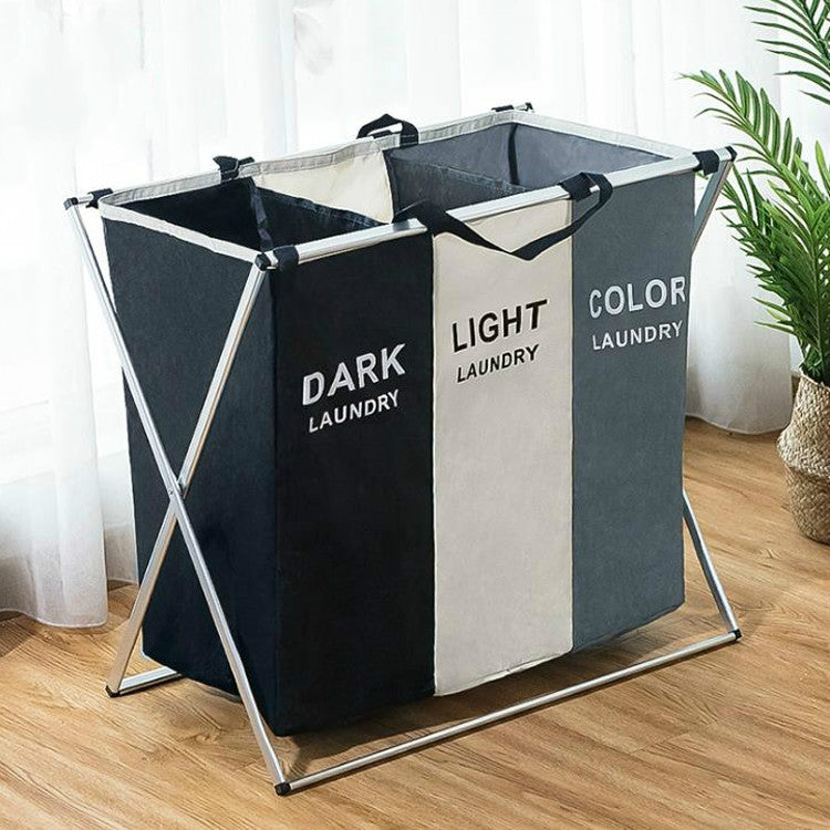 ELECTROPRIME 3 Grids Fabric Folding Hamper Waterproof Padded Oxford Compartment Laundry Basket Hamper