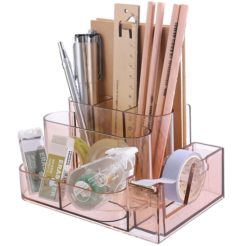 ELECTROPRIME Transparent Acrylic Stationery Storage Box Creative Desk Organizer Plastic Compartment Pen Holder Office Accessories(Brown)
