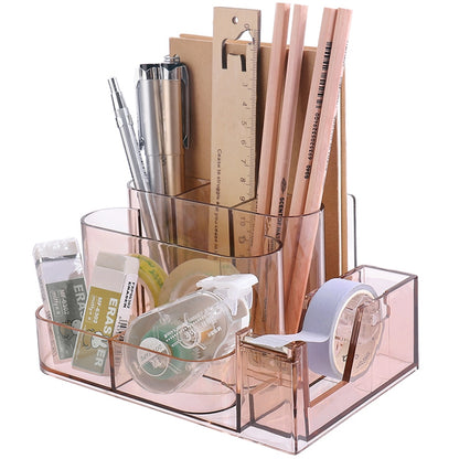 ELECTROPRIME Transparent Acrylic Stationery Storage Box Creative Desk Organizer Plastic Compartment Pen Holder Office Accessories(Brown)