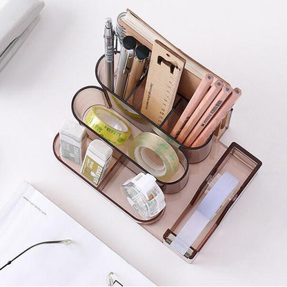 ELECTROPRIME Transparent Acrylic Stationery Storage Box Creative Desk Organizer Plastic Compartment Pen Holder Office Accessories(Brown)