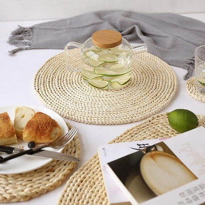 ELECTROPRIME 2 PCS Non-slip Natural Corn Woven Thickening Insulated Tea Mat Table Heat-resistant Casserole Mat Round Placemat 35cm