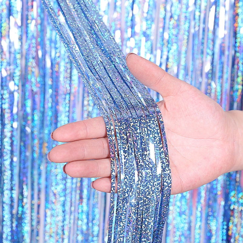 ELECTROPRIME 2 PCS Laser Rain Tinsel Foil Curtain Birthday Party Decoration Tassel Wall, Size:1x3m(Light blue)