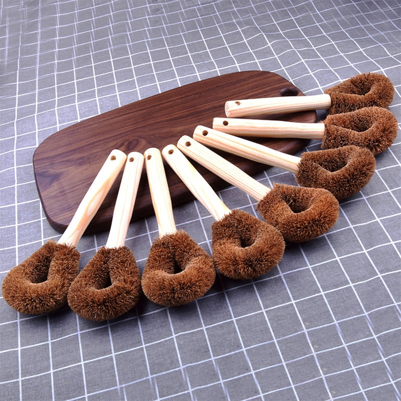 ELECTROPRIME 10 PCS Natural Coconut Palm Non-stick Oil Long Handle Pot Brush Cleaning Brush Kitchen Cleaning Tool