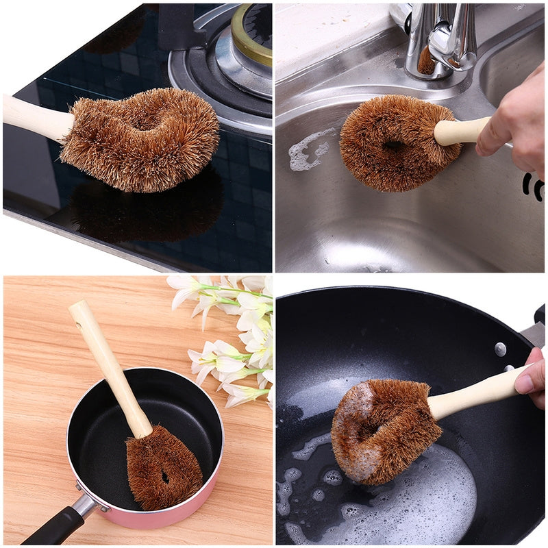 ELECTROPRIME 10 PCS Natural Coconut Palm Non-stick Oil Long Handle Pot Brush Cleaning Brush Kitchen Cleaning Tool