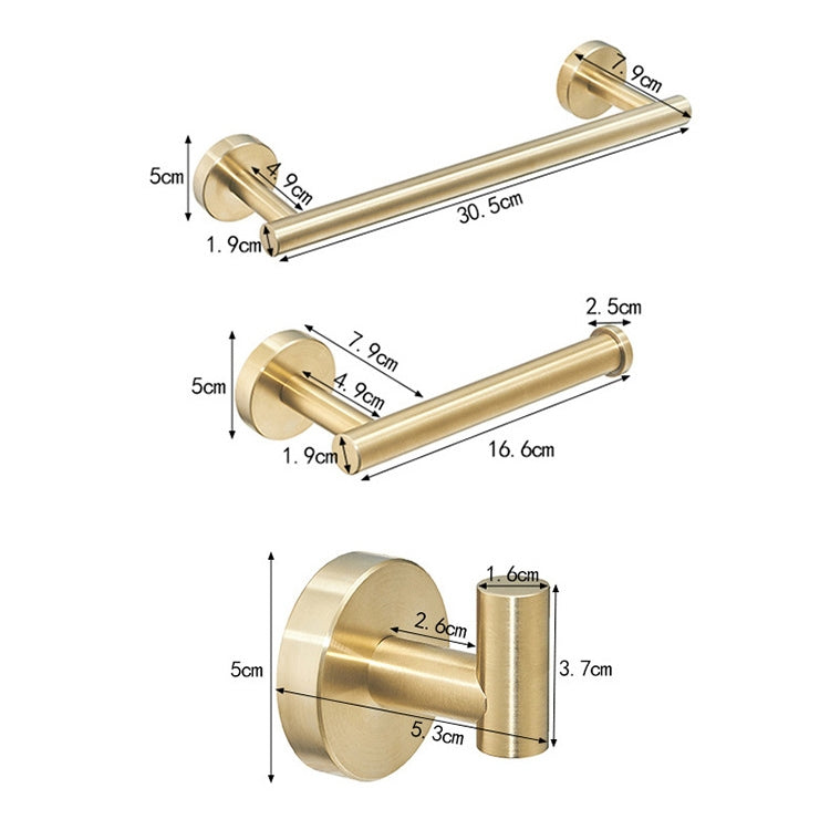 ELECTROPRIME 3 In 1 Matte 304 Stainless Steel Towel Bar Paper Towel Rack Hook Bathroom Accessories Bath Shower Set, Color:Gold