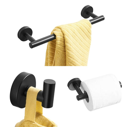 ELECTROPRIME 3 In 1 Matte 304 Stainless Steel Towel Bar Paper Towel Rack Hook Bathroom Accessories Bath Shower Set, Color:Black