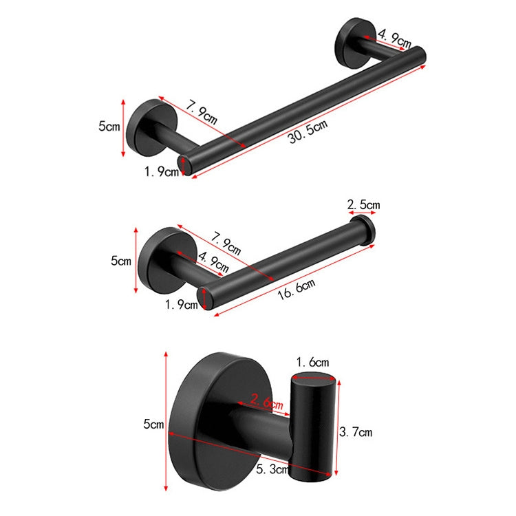 ELECTROPRIME 3 In 1 Matte 304 Stainless Steel Towel Bar Paper Towel Rack Hook Bathroom Accessories Bath Shower Set, Color:Black