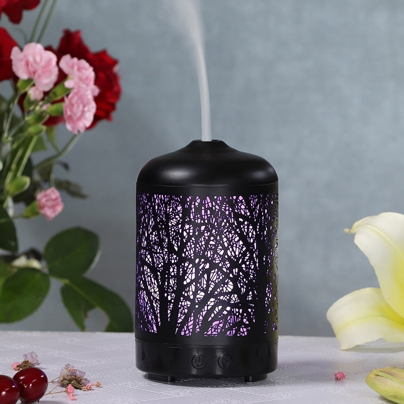 ELECTROPRIME Metal Tree Air Humidifier Essential Oil Diffuser Mist Maker Colorful LED Lamp Diffuser Aromatherapy Air Purifier, EU Plug(Black)