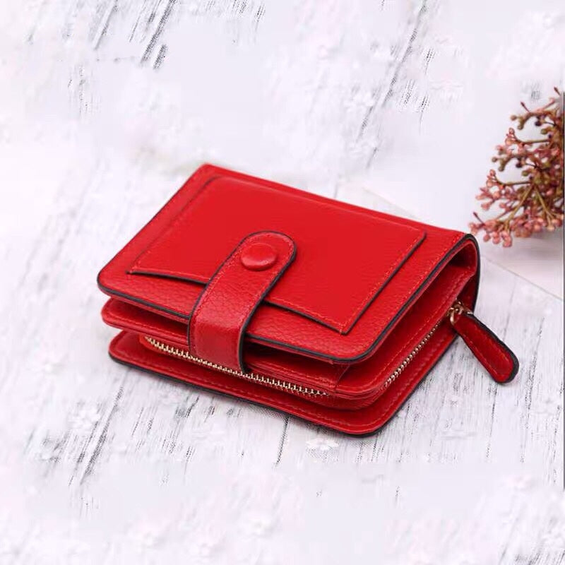 ELECTROPRIME Women Short Litchi Texture Multi-card Buckle Wallet(Red)