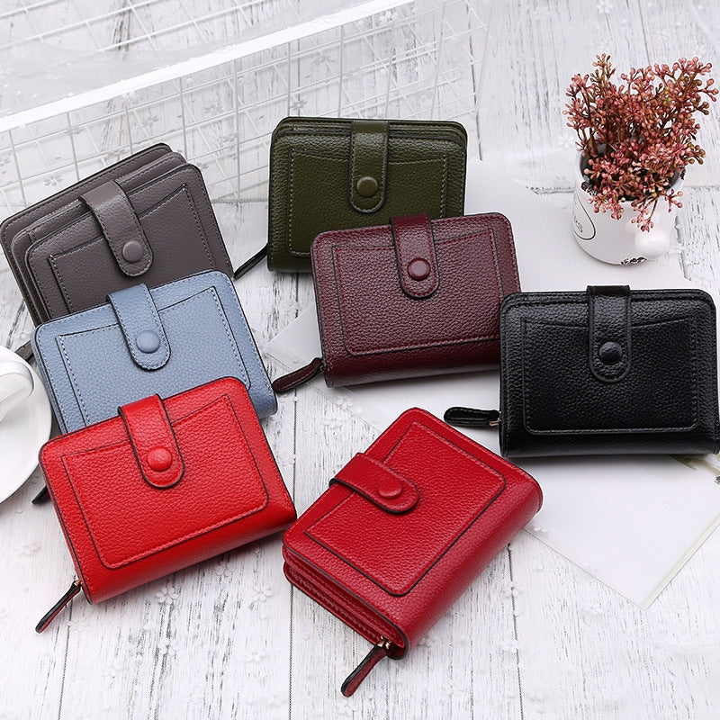 ELECTROPRIME Women Short Litchi Texture Multi-card Buckle Wallet(Red)