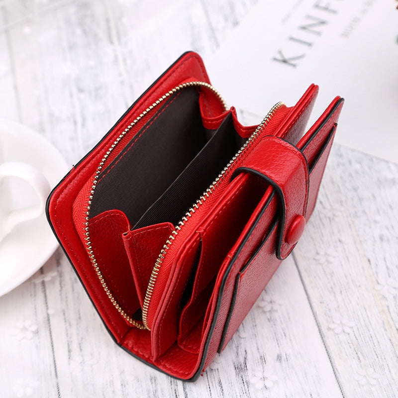 ELECTROPRIME Women Short Litchi Texture Multi-card Buckle Wallet(Red)