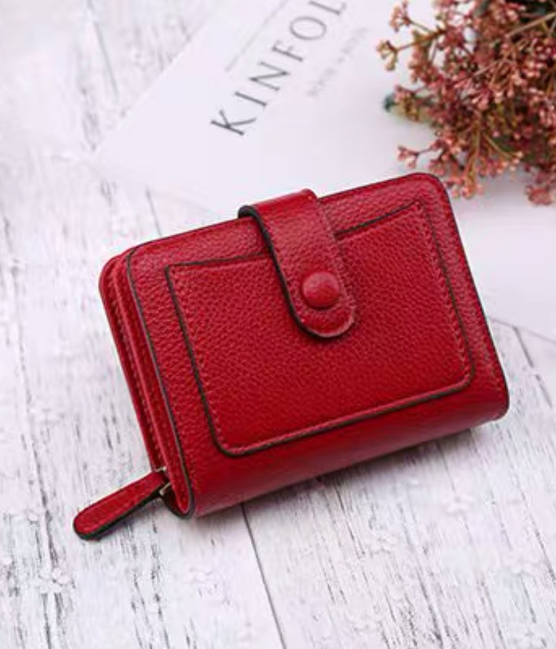 ELECTROPRIME Women Short Litchi Texture Multi-card Buckle Wallet(Wine Red)