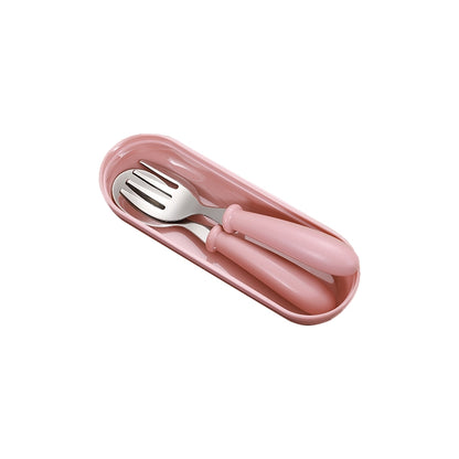 ELECTROPRIME 3 PCS/ Set 304 Stainless Steel Spoon and Fork Box Cute Baby Kindergarten Tableware Set(Pink)
